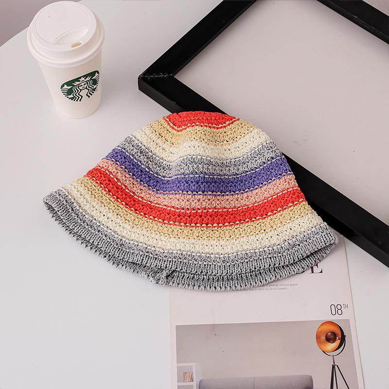 Women's Rainbow Knitted Fisherman Hat - Sun Protection Summer Straw Hat