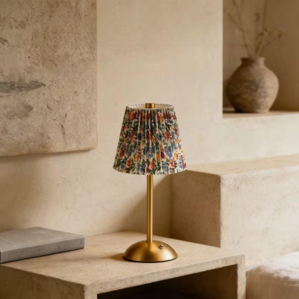 Fabric Shade Pleated Desk Lamp Pastoral Style LED Night Light Vintage Bedside Ambient Light Bar