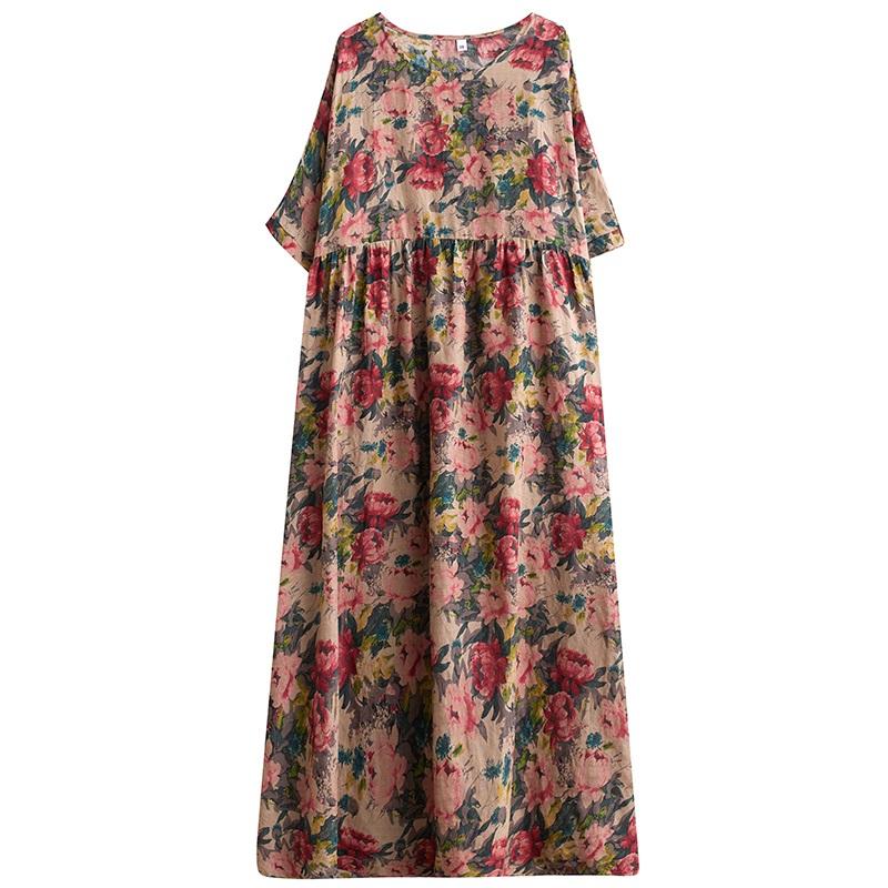 Short Sleeve Plus Size Cotton Vintage Floral New In Dresses for Women Casual Loose Long Summer Dress