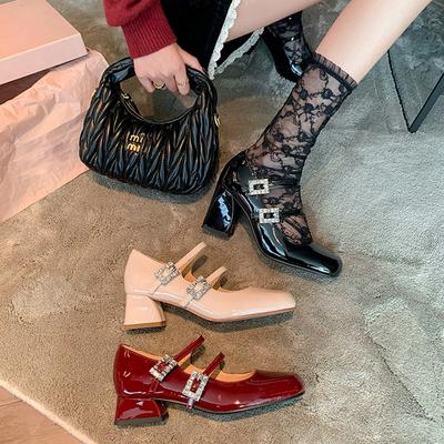 Модные женские новые весенне-осенние туфли-лодочки с круглым носком, кожаные из коровьей кожи, лакированные, на высоком каблуке, Мэри Джейн, рабочие