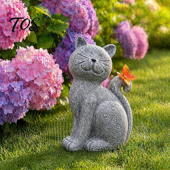 Unique Housewarming Garden Gift Solar Cat Statue, Cute Sculpture with Butterfly Light, Decorative for Balcony Waterproof Resin Animal Statue
