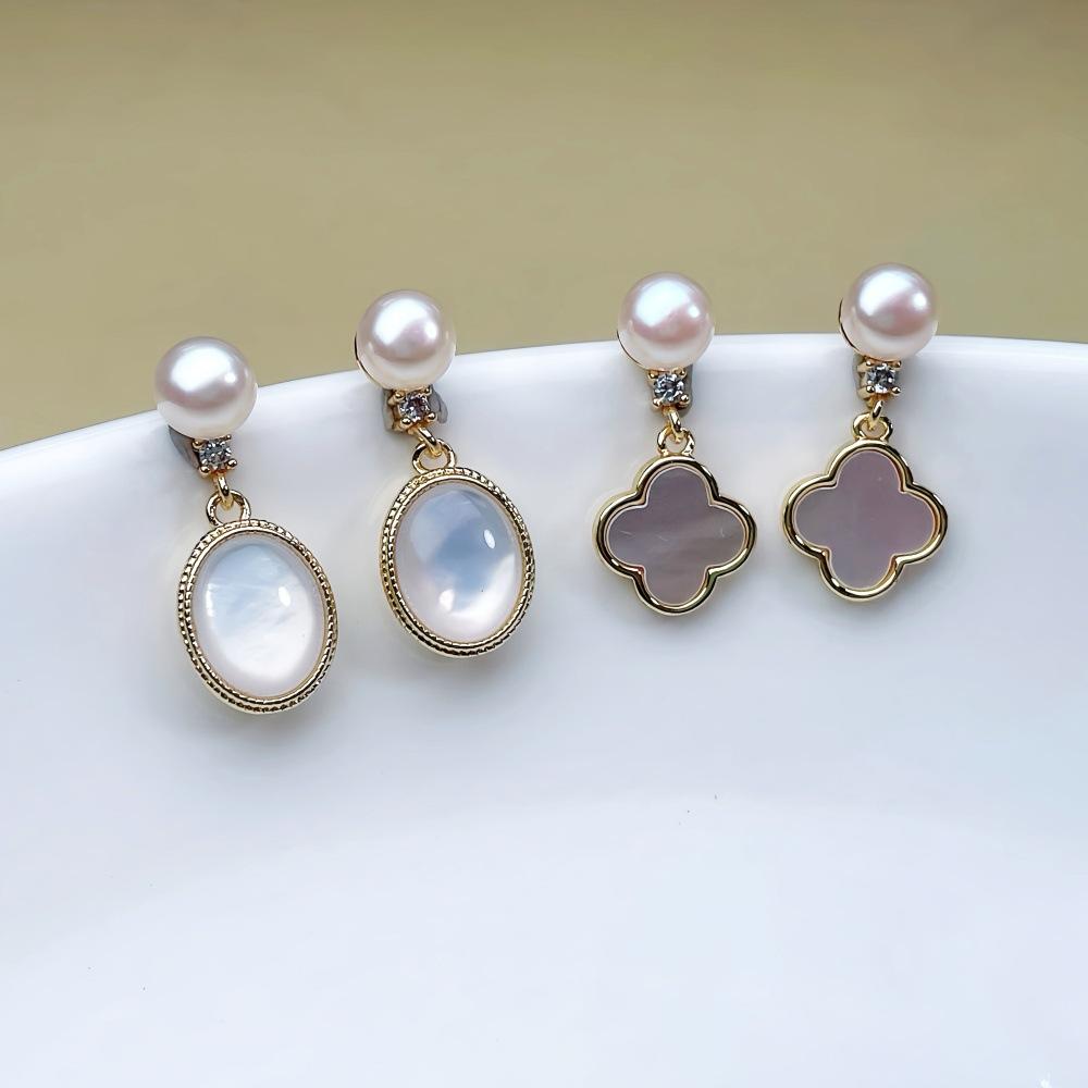 Four-leaf clover earrings for women9Silver Needle Earrings High-End Cat's Eye Stone Pearl Earrings Jewelry