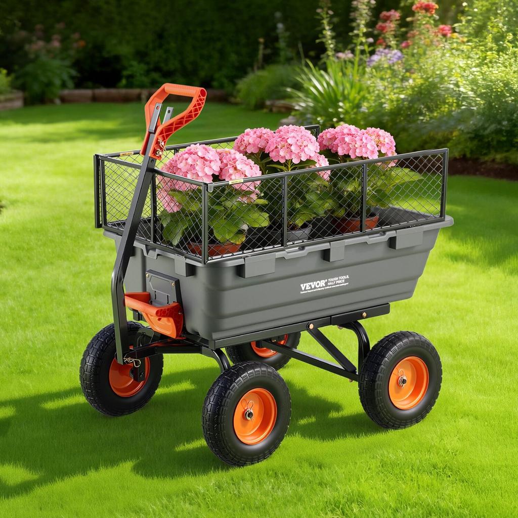 Garden Dump Cart, 544 kg Poly Dump Cart, Garden Carts Dumps Wagon with Storage Fence, 2-in-1 Convertible Handle, 90° Quick-Dumps Mechanism, 180°