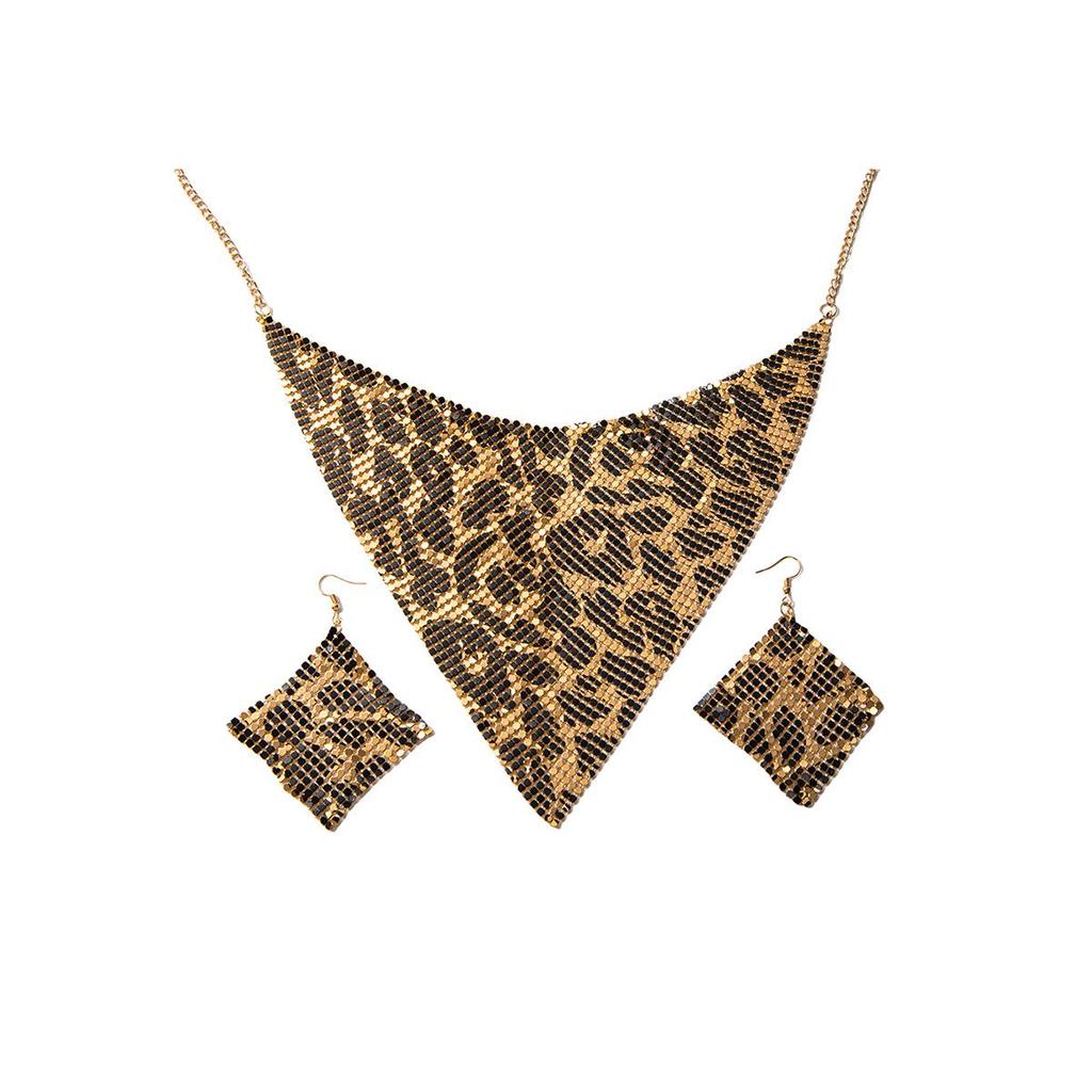 Шарф с треугольными блестками и леопардовым принтом, ожерелье и серьги: Ретро, сексуальная и трендовая мода высокого класса.
