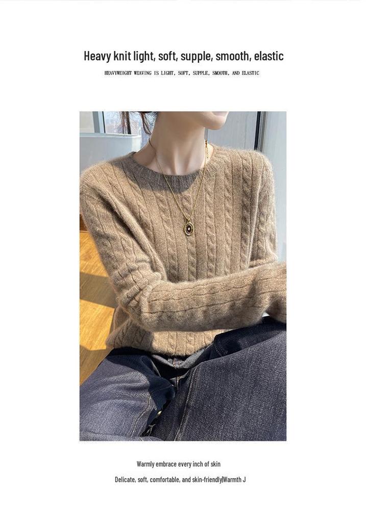 Women's 100% Pure Wool Cable Knit Sweater – Autumn/Winter Loose Fit with Round Neck, Fashionable and Versatile Knit Base Layer.