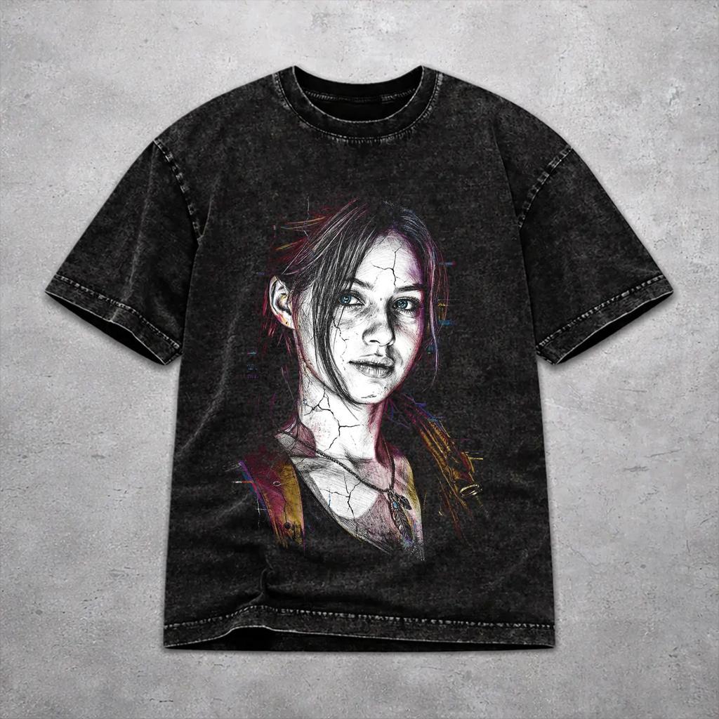Men Women Vintage Washed Tshirts Claire Redfield Print Shirt Apparel Harajuku Tee Shirt
