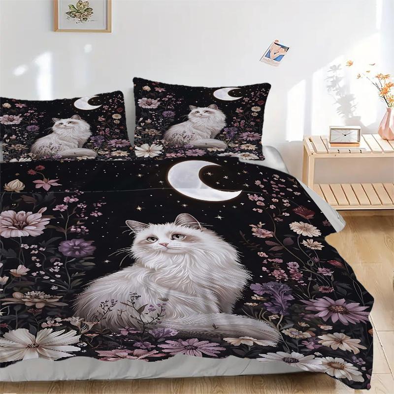3pcs Starry Sky and White Cat Printed Duvet Cover Set (1 * Cover+2 * Pillowcase, Without Core), Suitable for Home Bedroom, Guest Room, Dormitory