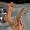 Square Toe Open Crystal Clear High Heel Slippers Fairy Summer New Toe Rhinestone Flower Stiletto Sandals