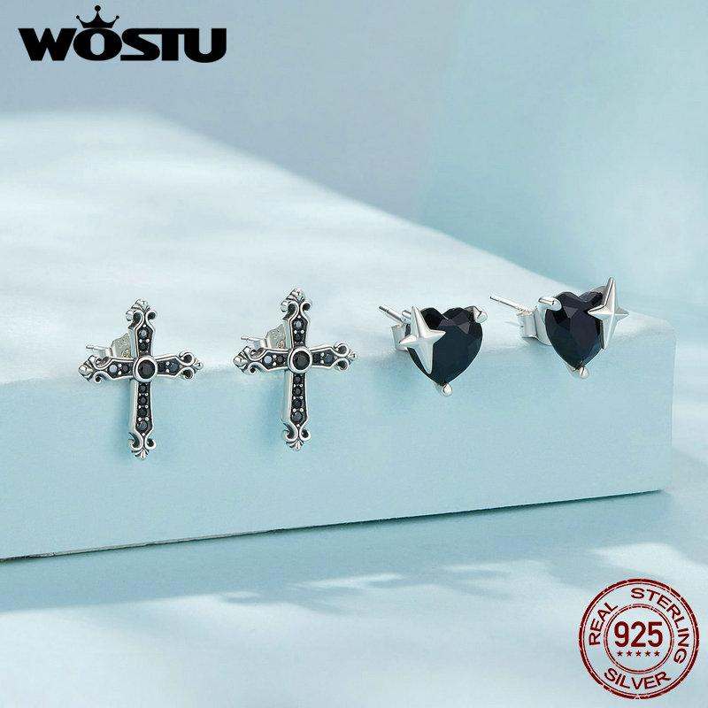 WOSTU Винтажные серьги-гвоздики из стерлингового серебра 925 пробы с крестом для женщин, крутые черные серьги-гвоздики с цирконием в стиле панк, модные украшения, подарок на вечеринку