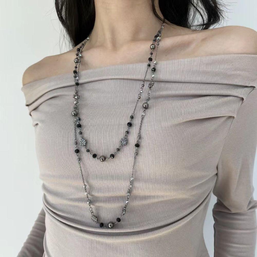 Double-layer Sweater Chain Beaded Geometric Necklace Fashion Flower Necklace