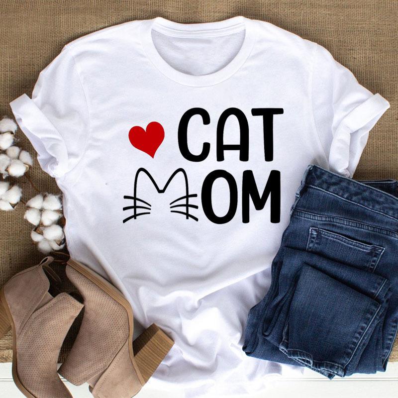 100% Polyester Women's Summer Casual Top with Cute Cat Dog Paw Print round Neck Short Sleeve T-shirt Fashion High Street Style gift