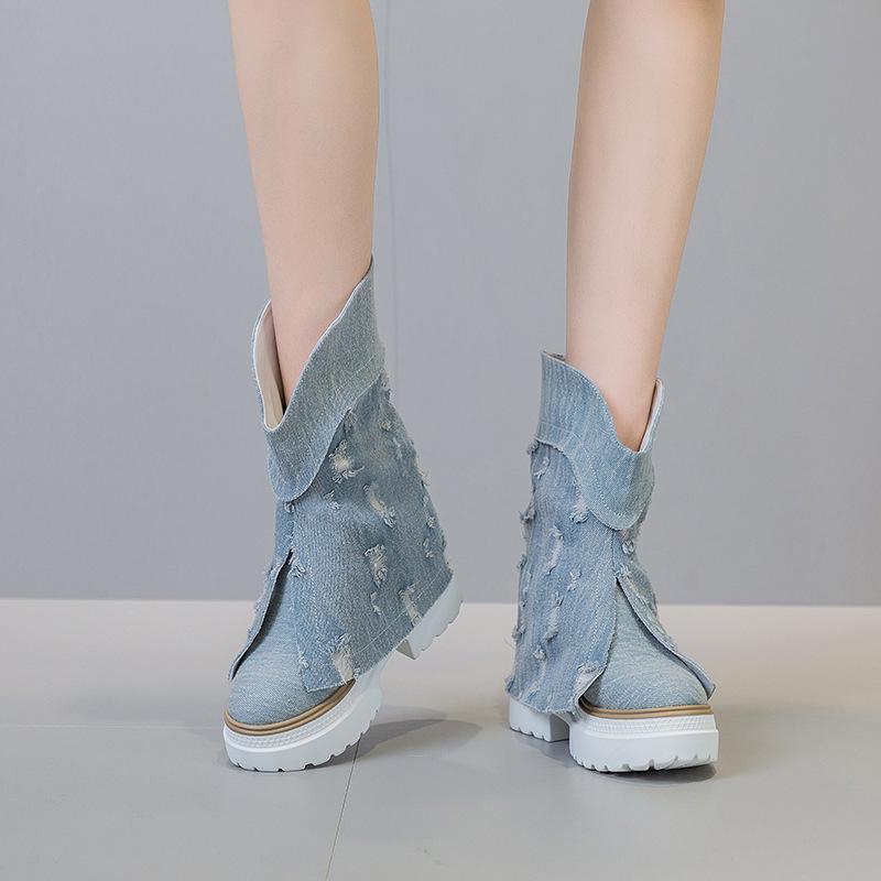 Thick Soled Boots Women Spring and Autumn 2025 New Denim Women's Boots Low Rise Casual Increase Height Shoes Female Mid-Calf