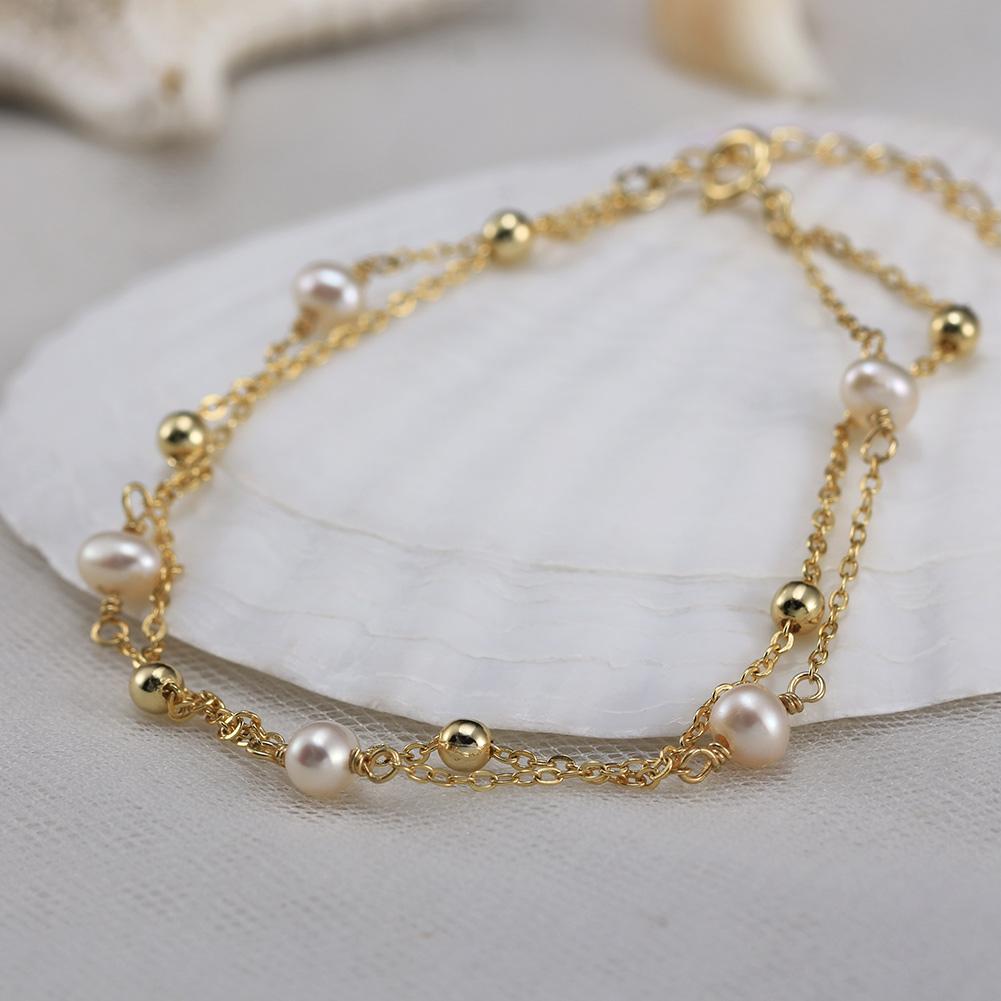 Double Chain Wrapped Bracelet 925 Sterling Silver Cultured Freshwater Pearl with Gold Beads Bracelet