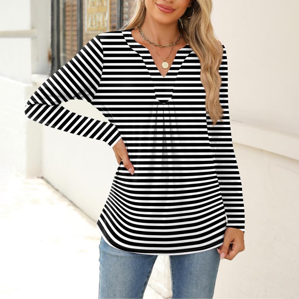 Women's Fashion Casual Long Sleeve Shirt Color Stripes Printed V Neck Up Tops