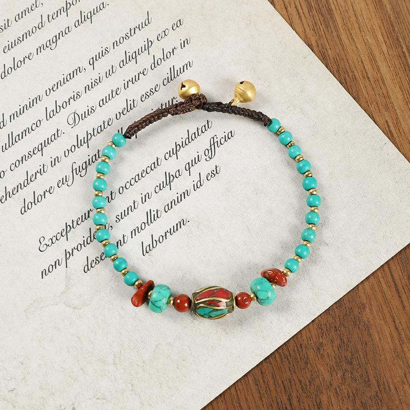 Винтажный непальский древний законный медный браслет из бисера, женский тибетский этнический стиль, индивидуальный простой плетёный браслет, браслет из натуральной бирюзы
