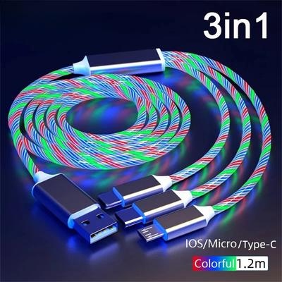 Светящийся светодиодный USB-кабель 3 в 1 для быстрой зарядки телефона, светящийся кабель типа C для Xiaomi iPhone, аксессуары для телефонов