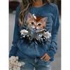 Hot Sale Spring Casual Animal Kitten Printed Long Sleeve Crewneck T-Shirt