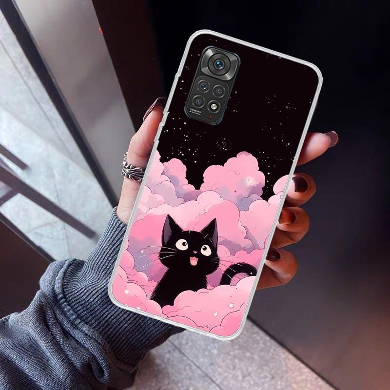 Милый черный кот Мяу Аниме Чехол для телефона Для Xiaomi Redmi Note 10 11 12 13 14 15 Pro Plus 11S 12S 14S 11T 11E 10S Мягкий ТПУ Задняя крышка