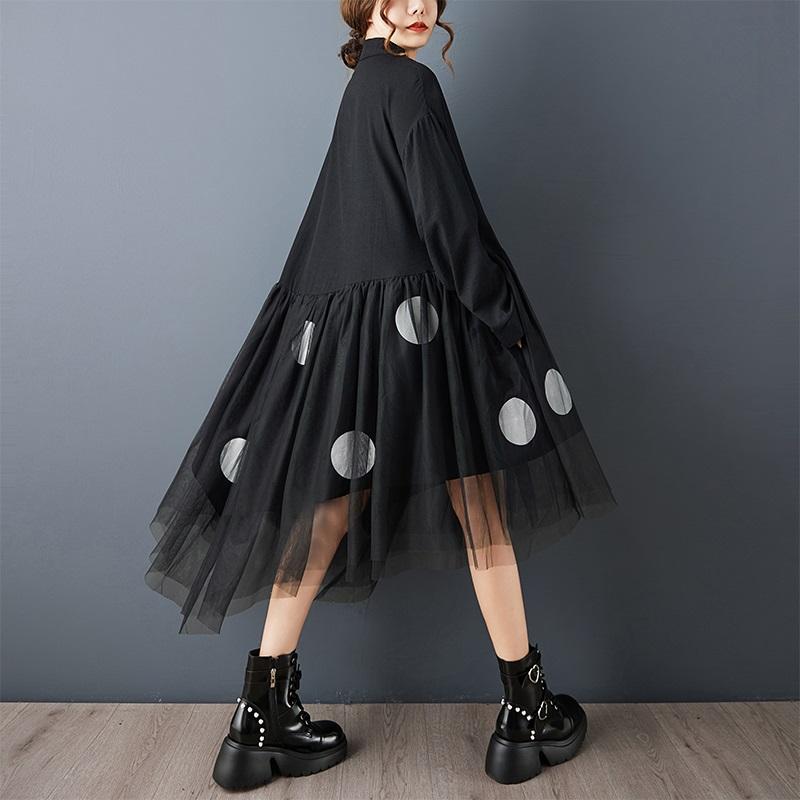 Платье-рубашка с длинным рукавом, большого размера, черное, из хлопковой сетки в винтажный горошек, новое, для женщин, повседневное, свободное, весеннее, осеннее