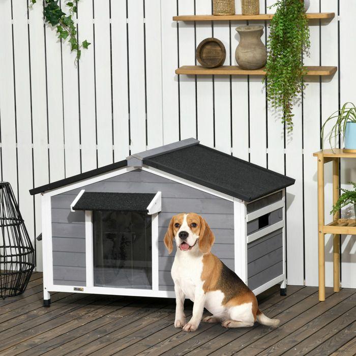 UVRION Solid Wood Dog Kennel with Opening Asphalt Roof and Door Curtain, Grey, 109 x 79 x 72 cm
