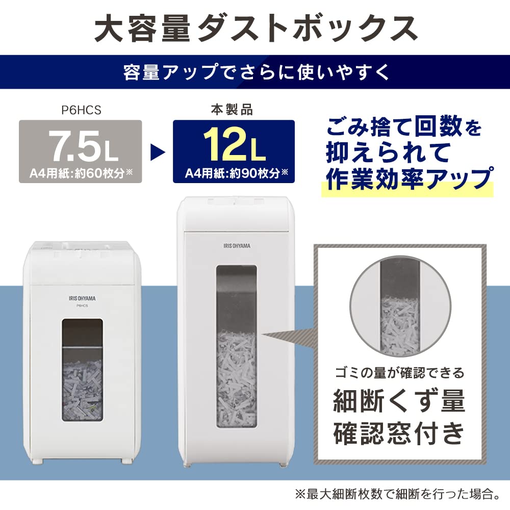 IRIS OHYAMA Бесшумный уничтожитель документов для дома, уничтожает 6 документов в течение 10 минут, непрерывная пылевая коробка 12 л, формат А4, белый, использование, кусочки, резка, использование, P6HCSV-W