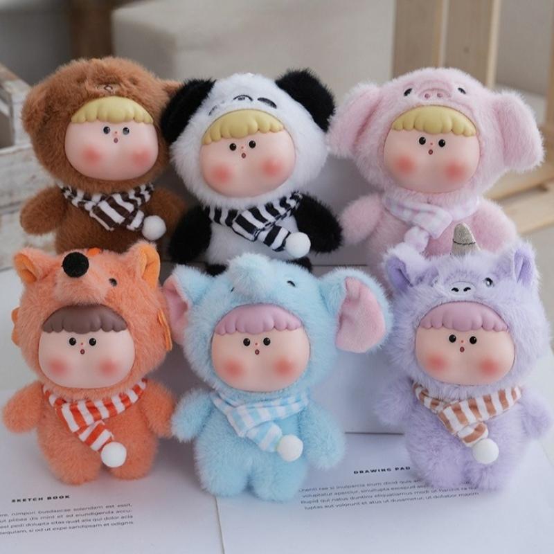 Cute Animal Vinyl Face Plush Toy Fluffy Pig Elephant Unicorn Collection Model Toy Kawaii Panda Keychain Pendant Hang Bag Plushie