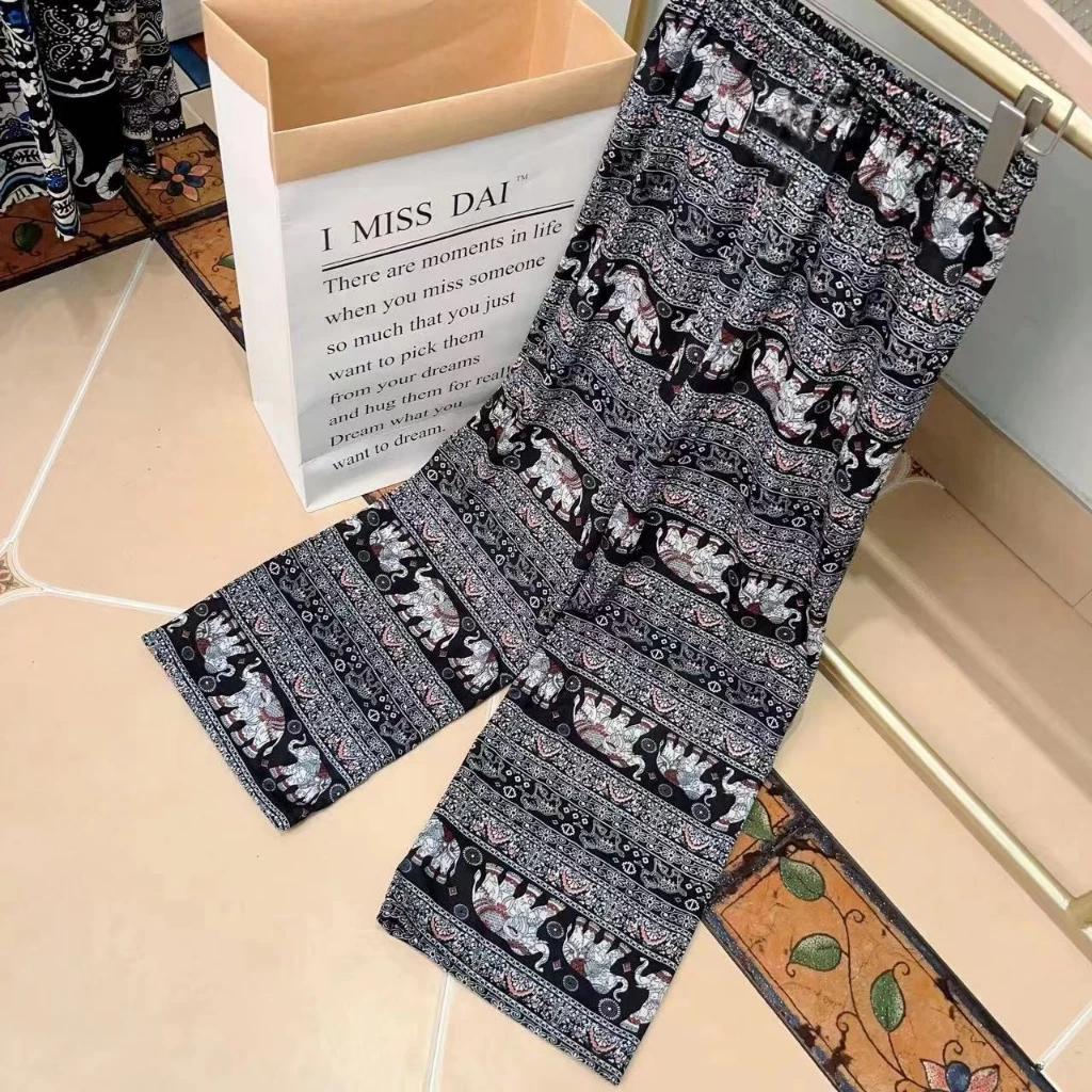 Long Elephant Pants Adjustable Elastic High Waistband Strap Loose Leg Women Print Thailand Casual Streetwear Beach Bohemian Retro Vintage