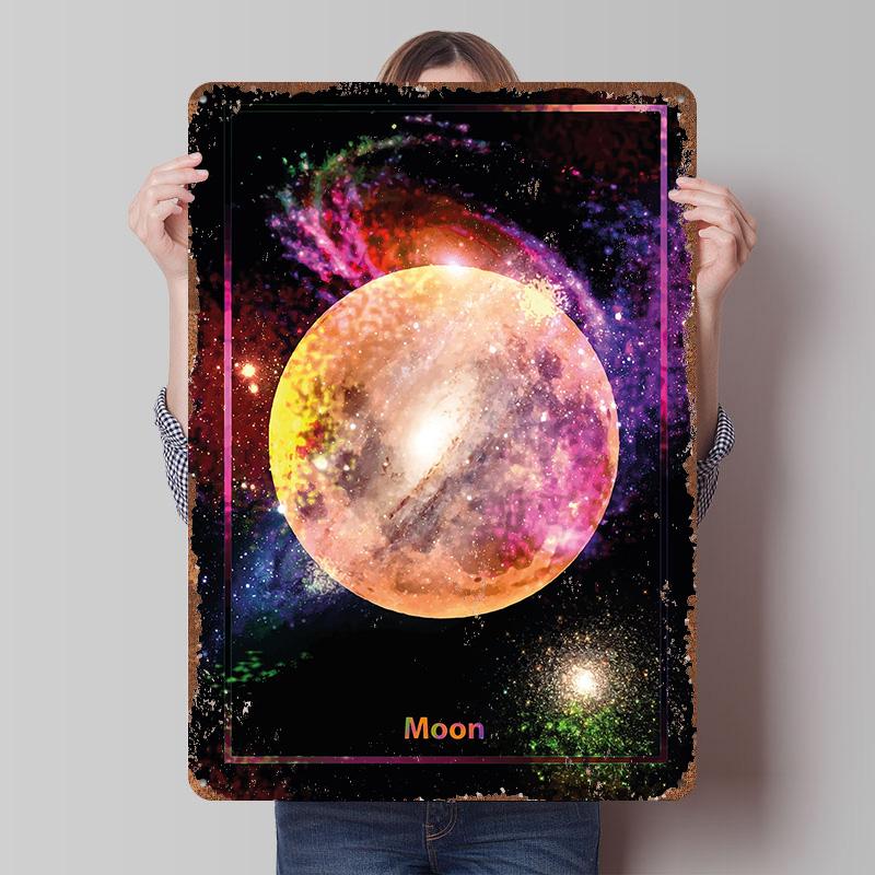 Colorful Moon in Space Metal Poster Customized Wall Art Retro Vintage Tinplate Signs for Room Decoration Gaming Office Decor