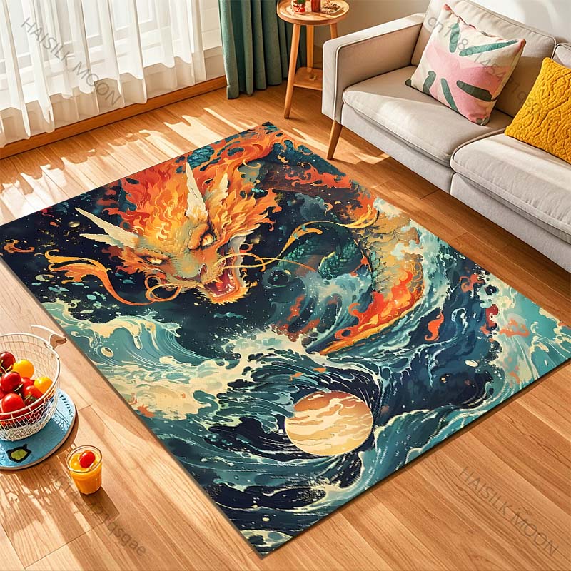 1PC Fiery dragon with waves and moon Print Carpet Rug for Living Room Bedroom Sofa Doormat Home Decor Non-slip Floor Mat