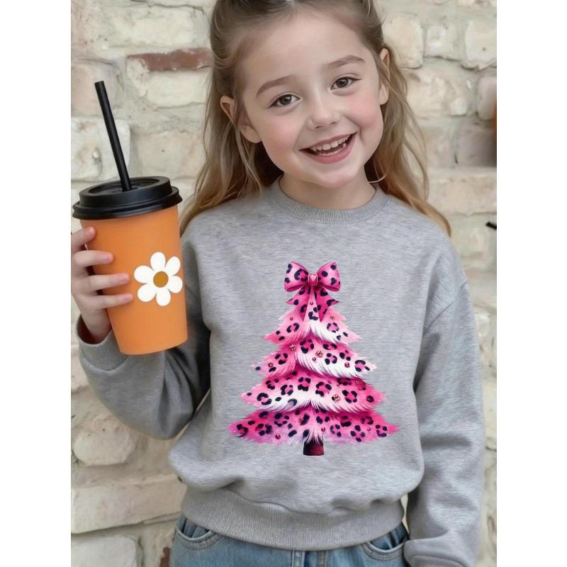 Kids Crewneck Sweatshirt, Pink Leopard Print Christmas Tree Graphic