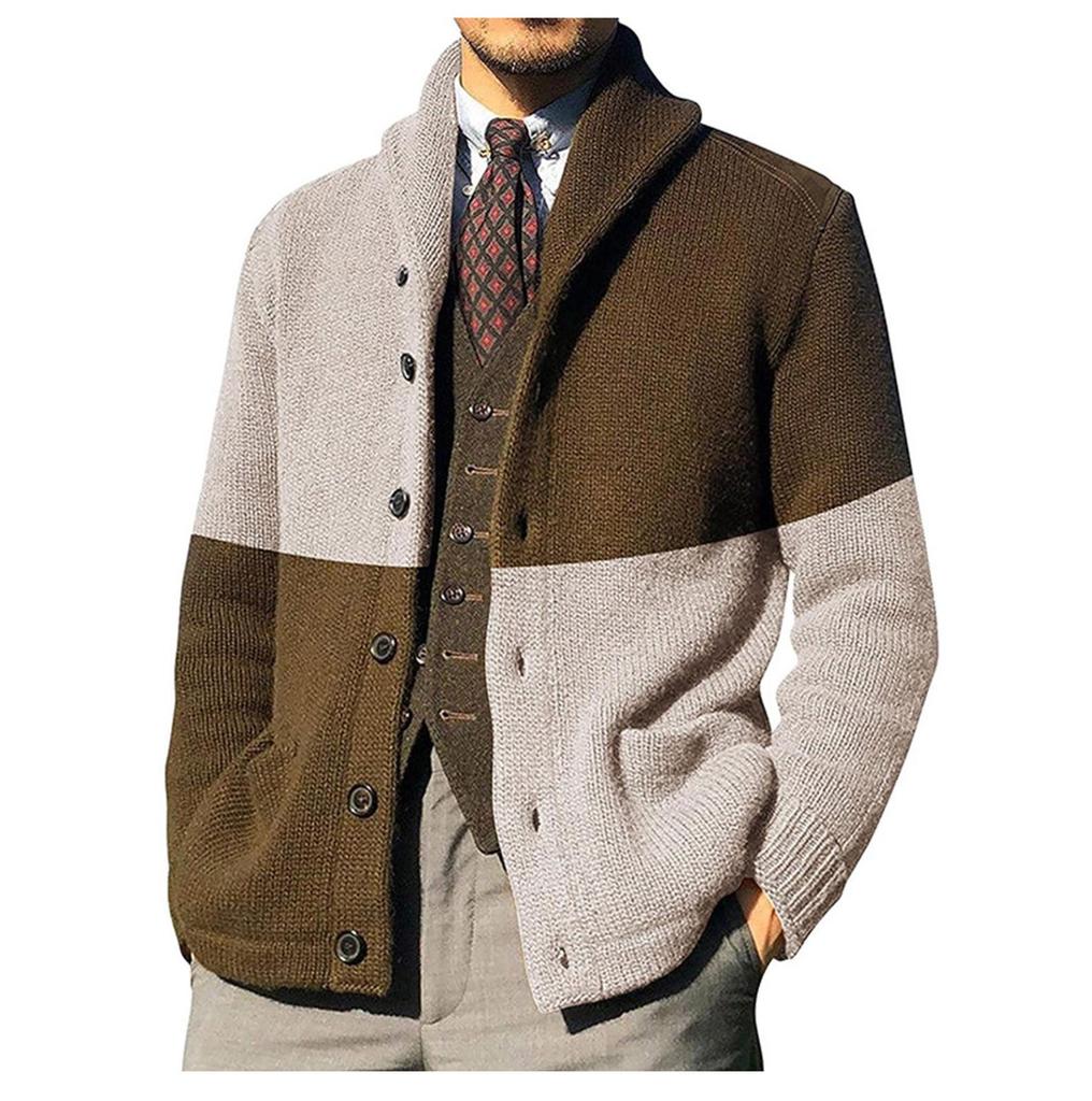 Кардиганы, свитера для мужчин, повседневная шаль с длинным рукавом, цветные блоки, трикотажные свитера на пуговицах