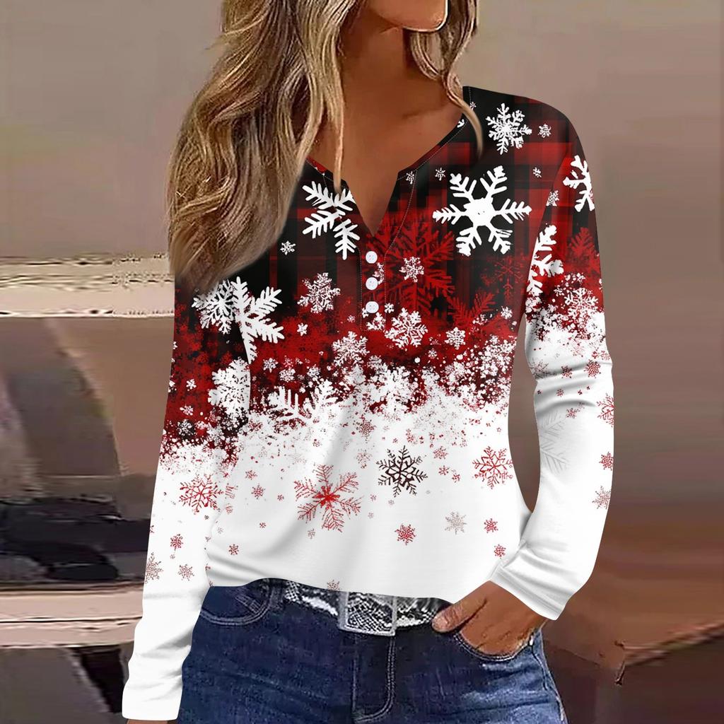 Женская футболка с рождественским принтом на пуговицах с длинным рукавом, повседневная, выходного дня, модная, базовая, с V-образным вырезом, обычная