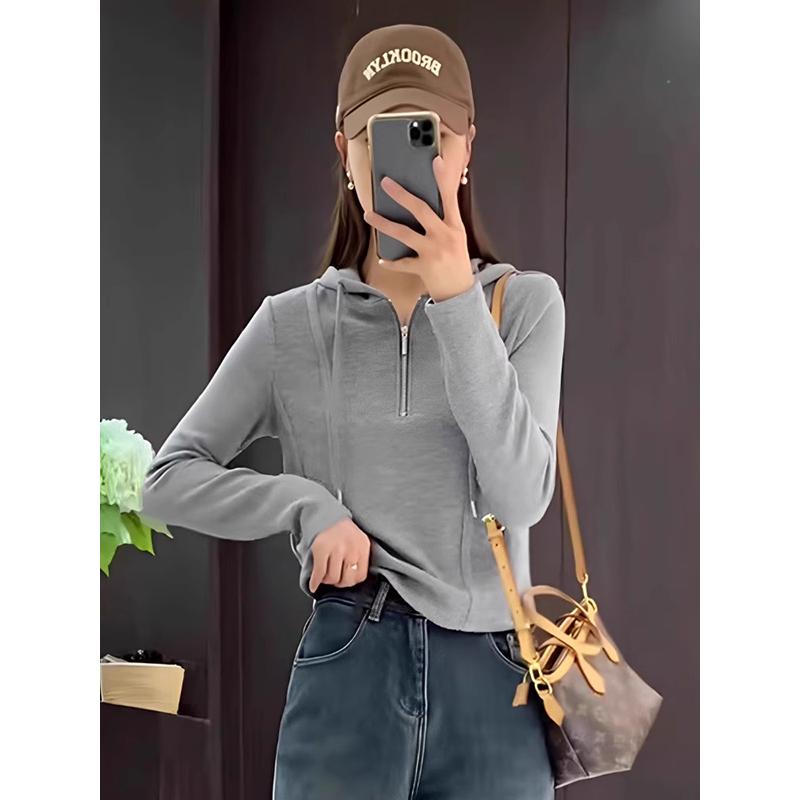 Женская серая толстовка с капюшоном, издание 2025 года - маленький размер, весенний топ с молнией до середины, короткий базовый топ