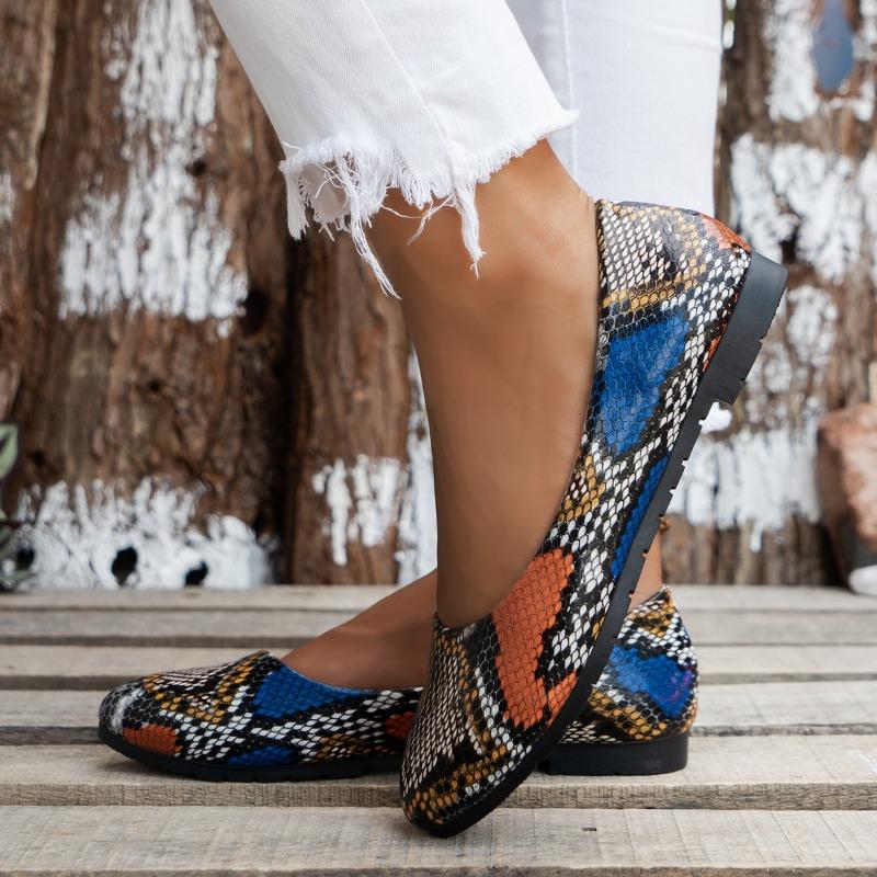 Новый стиль, мода, лето, женская удобная повседневная обувь, туфли на плоской подошве с неглубоким носком, мягкая подошва, заостренный носок, открытые туфли со змеиным принтом