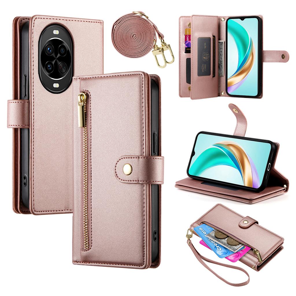 Чехол для Huawei nova 14 Pro 5G Кожаный чехол-кошелек с карманом на молнии и ремешками