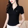 Women's Black Slim Polo Collar Half-Zip Short Sleeve T-Shirt, 2025 Fashionable All-Match Summer Top