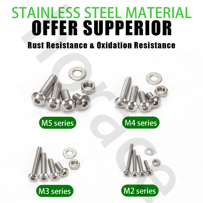 880pcs-stainless steel round cup hex bolt, nut, and washer set - M2-M5 sizes, includes hex wrench, suitable for DIY and repair.