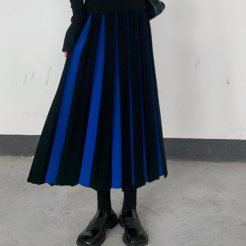 Осенне-зимняя плиссированная шерстяная юбка А-силуэта с высокой талией — юбка-зонтик миди в стиле ретро с цветными блоками для женщин.