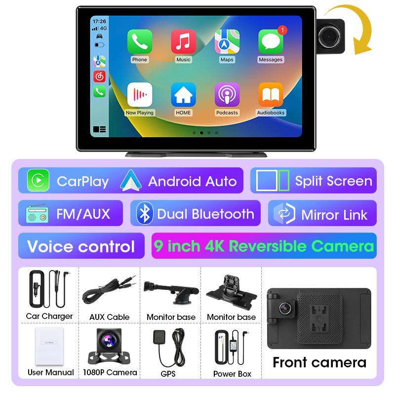 9-дюймовый 4K видеорегистратор автомобильный видеорегистратор беспроводной Carplay Android Auto вращающийся объектив видеорегистратор приборная панель двойной объектив 1080P камера заднего вида