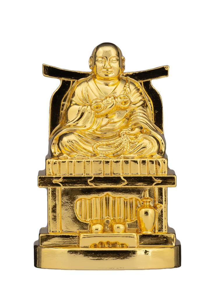 Buddhist Statue of Kobo Daishi (pure Gold Plated) In a PC Cabinet - "Shingon Sect" - Kukai, Takaoka Bronzeware (Kobo Daishi PCZ)
