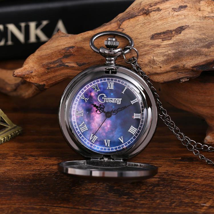 12 Types New Fashion Alloy Black Starry Sky Hollow Retro Pocket Watch Creative Gift Necklace Clock Chain Watches Birthday Gifts