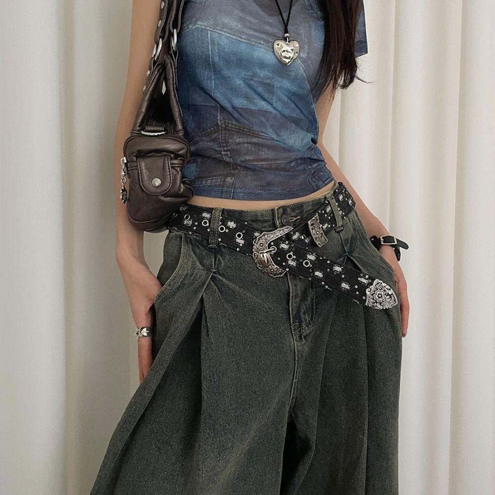 Ремни с металлической пряжкой в стиле Y2k, корейский стиль, винтажный широкий ремень, модный ретро джинсовый ремень, женский