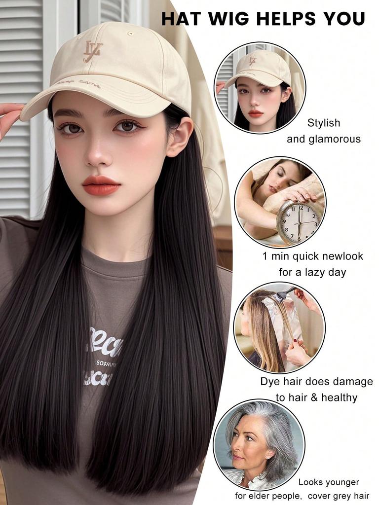 Synthetic Hat Wig 'LY' Embroidered Beige Duck Caps With Long Straight Hair Extensions For Women Hat And Wig In One Piece For Daily Use In Winter
