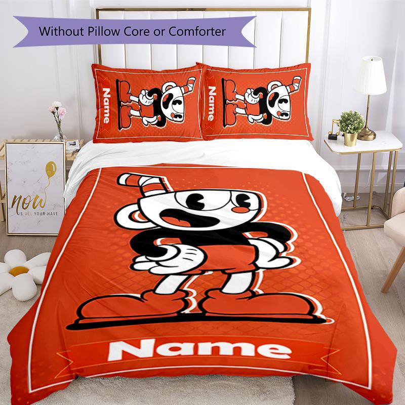 3pcs Custom Name Cuphead Bedding Set Duvet Cover Closure Includes 1 Duvet Cover & 2 Pillowcases for All Seasons Bedroom Decor