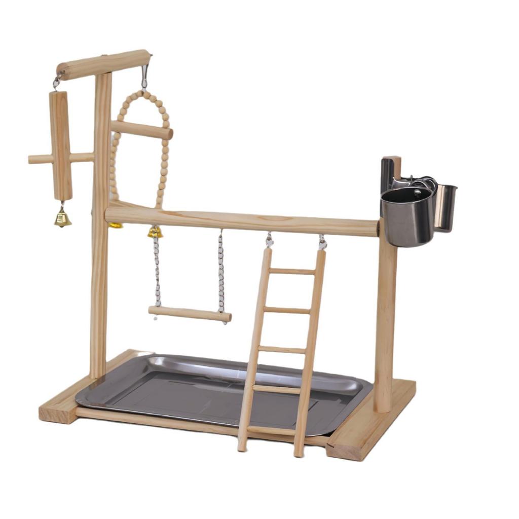 Игровая площадка для попугаев из цельного дерева: Подставка для птиц с контейнером для еды из нержавеющей стали, палкой и лестницей