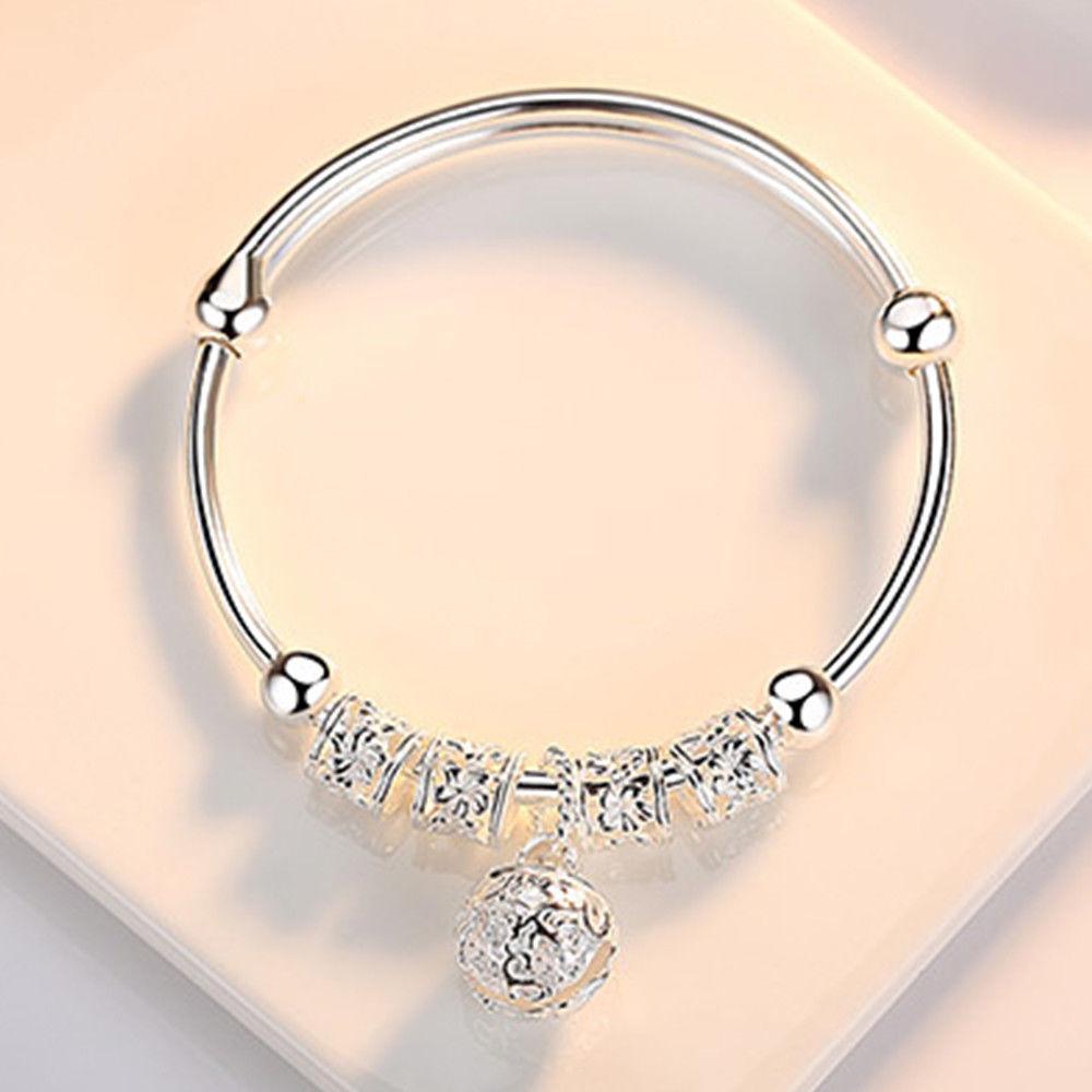 925 Sterling Silver Hollow Bells Ball Bangles Adjustable Bracelets for Women Fashion Holiday Gifts Party Wedding Jewelry