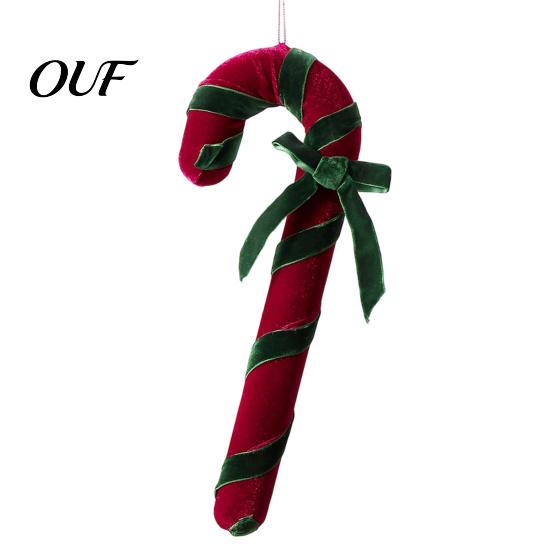 Decorative Christmas Pendant Velvet Candy Cane Ornament, Fabric Decoration with Retro Holiday Ornaments Bow, Xmas Tree Hanging Decor for Party