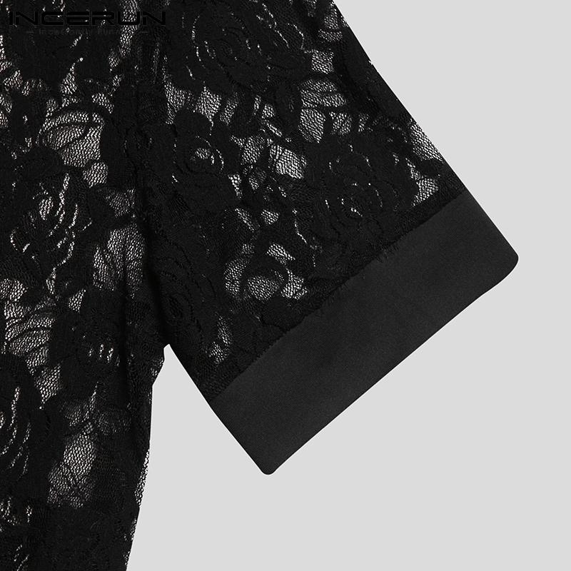 INCERUN Летние мужские сексуальные сетчатые кружевные рубашки с коротким рукавом для вечеринок и клубов, пляжные облегающие футболки