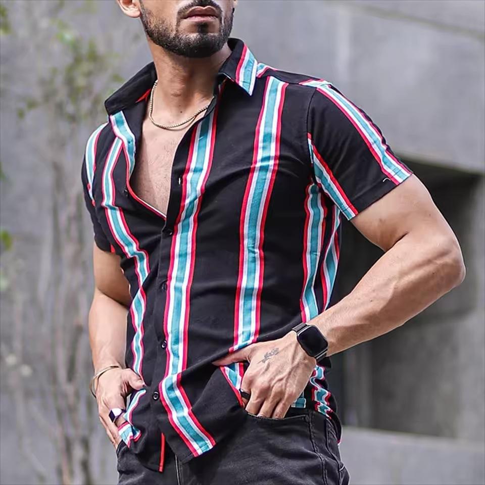 Summer Casual Mens Striped Short Sleeve Shirt Hawaiian Style