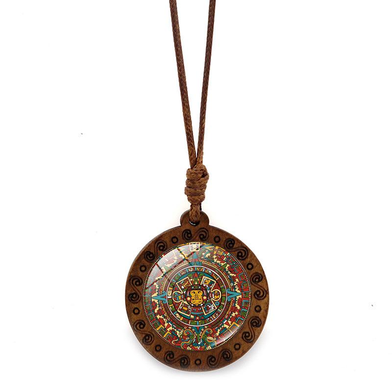 Aztec Calendar Stone Pattern Wooden Women's Jewelry Mayan Calendar Vintage Pendant Necklace